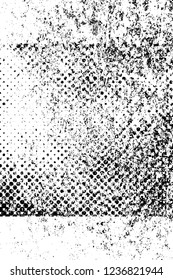 Grunge overlay layer. Abstract black and white vector background. Monochrome vintage surface with dirty pattern in cracks, spots, dots. Old wall in dark horror style design