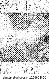 Grunge overlay layer. Abstract black and white vector background. Monochrome vintage surface with dirty pattern in cracks, spots, dots. Old wall in dark horror style design