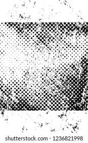 Grunge overlay layer. Abstract black and white vector background. Monochrome vintage surface with dirty pattern in cracks, spots, dots. Old wall in dark horror style design