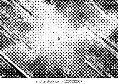 Grunge overlay layer. Abstract black and white vector background. Monochrome vintage surface with dirty pattern in cracks, spots, dots. Old wall in dark horror style design