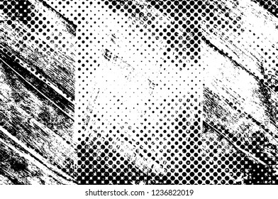 Grunge overlay layer. Abstract black and white vector background. Monochrome vintage surface with dirty pattern in cracks, spots, dots. Old wall in dark horror style design