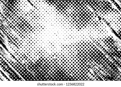 Grunge overlay layer. Abstract black and white vector background. Monochrome vintage surface with dirty pattern in cracks, spots, dots. Old wall in dark horror style design