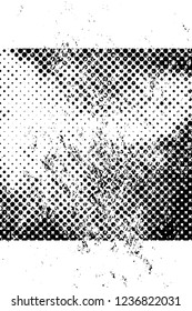 Grunge overlay layer. Abstract black and white vector background. Monochrome vintage surface with dirty pattern in cracks, spots, dots. Old wall in dark horror style design