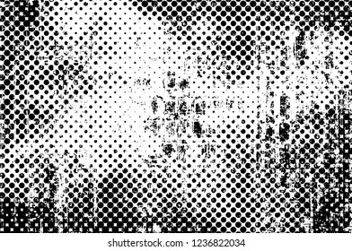 Grunge overlay layer. Abstract black and white vector background. Monochrome vintage surface with dirty pattern in cracks, spots, dots. Old wall in dark horror style design