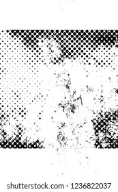 Grunge overlay layer. Abstract black and white vector background. Monochrome vintage surface with dirty pattern in cracks, spots, dots. Old wall in dark horror style design