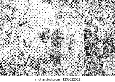 Grunge overlay layer. Abstract black and white vector background. Monochrome vintage surface with dirty pattern in cracks, spots, dots. Old wall in dark horror style design