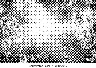 Grunge overlay layer. Abstract black and white vector background. Monochrome vintage surface with dirty pattern in cracks, spots, dots. Old wall in dark horror style design