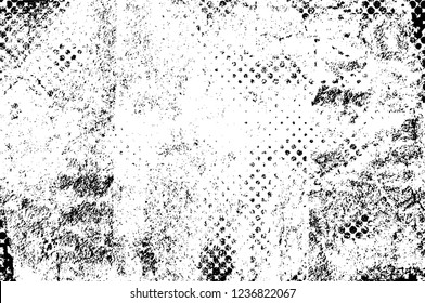 Grunge overlay layer. Abstract black and white vector background. Monochrome vintage surface with dirty pattern in cracks, spots, dots. Old wall in dark horror style design