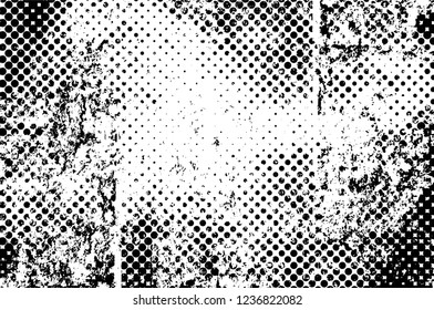 Grunge overlay layer. Abstract black and white vector background. Monochrome vintage surface with dirty pattern in cracks, spots, dots. Old wall in dark horror style design