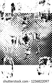 Grunge overlay layer. Abstract black and white vector background. Monochrome vintage surface with dirty pattern in cracks, spots, dots. Old wall in dark horror style design