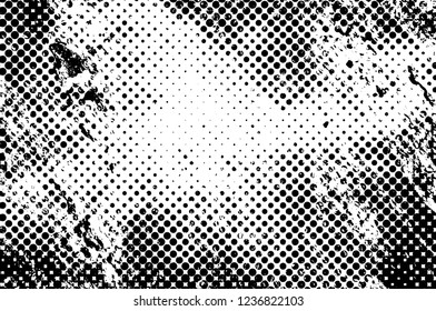 Grunge overlay layer. Abstract black and white vector background. Monochrome vintage surface with dirty pattern in cracks, spots, dots. Old wall in dark horror style design