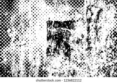 Grunge overlay layer. Abstract black and white vector background. Monochrome vintage surface with dirty pattern in cracks, spots, dots. Old wall in dark horror style design