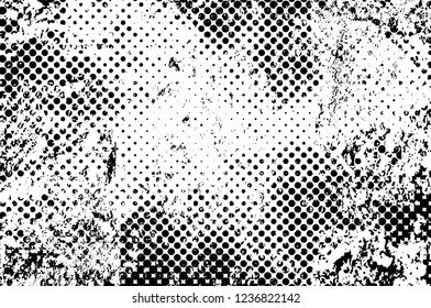 Grunge overlay layer. Abstract black and white vector background. Monochrome vintage surface with dirty pattern in cracks, spots, dots. Old wall in dark horror style design
