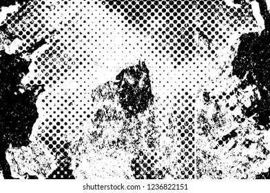 Grunge overlay layer. Abstract black and white vector background. Monochrome vintage surface with dirty pattern in cracks, spots, dots. Old wall in dark horror style design