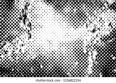 Grunge overlay layer. Abstract black and white vector background. Monochrome vintage surface with dirty pattern in cracks, spots, dots. Old wall in dark horror style design