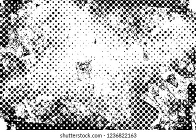 Grunge overlay layer. Abstract black and white vector background. Monochrome vintage surface with dirty pattern in cracks, spots, dots. Old wall in dark horror style design