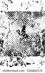 Grunge overlay layer. Abstract black and white vector background. Monochrome vintage surface with dirty pattern in cracks, spots, dots. Old wall in dark horror style design