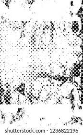 Grunge overlay layer. Abstract black and white vector background. Monochrome vintage surface with dirty pattern in cracks, spots, dots. Old wall in dark horror style design
