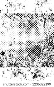 Grunge overlay layer. Abstract black and white vector background. Monochrome vintage surface with dirty pattern in cracks, spots, dots. Old wall in dark horror style design