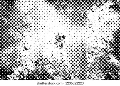 Grunge overlay layer. Abstract black and white vector background. Monochrome vintage surface with dirty pattern in cracks, spots, dots. Old wall in dark horror style design