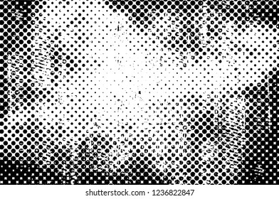 Grunge overlay layer. Abstract black and white vector background. Monochrome vintage surface with dirty pattern in cracks, spots, dots. Old wall in dark horror style design