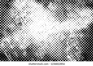 Grunge overlay layer. Abstract black and white vector background. Monochrome vintage surface with dirty pattern in cracks, spots, dots. Old wall in dark horror style design