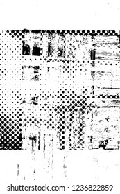Grunge overlay layer. Abstract black and white vector background. Monochrome vintage surface with dirty pattern in cracks, spots, dots. Old wall in dark horror style design