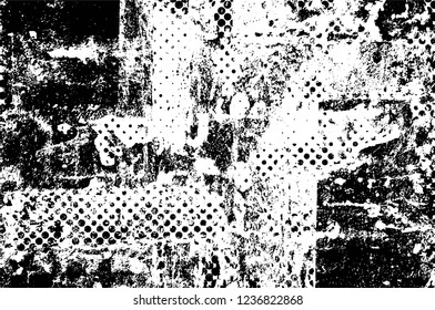 Grunge overlay layer. Abstract black and white vector background. Monochrome vintage surface with dirty pattern in cracks, spots, dots. Old wall in dark horror style design