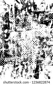 Grunge overlay layer. Abstract black and white vector background. Monochrome vintage surface with dirty pattern in cracks, spots, dots. Old wall in dark horror style design