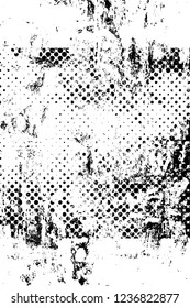 Grunge overlay layer. Abstract black and white vector background. Monochrome vintage surface with dirty pattern in cracks, spots, dots. Old wall in dark horror style design