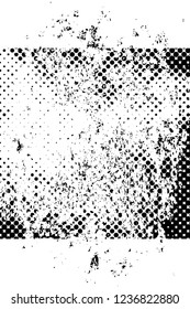 Grunge overlay layer. Abstract black and white vector background. Monochrome vintage surface with dirty pattern in cracks, spots, dots. Old wall in dark horror style design
