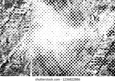 Grunge overlay layer. Abstract black and white vector background. Monochrome vintage surface with dirty pattern in cracks, spots, dots. Old wall in dark horror style design