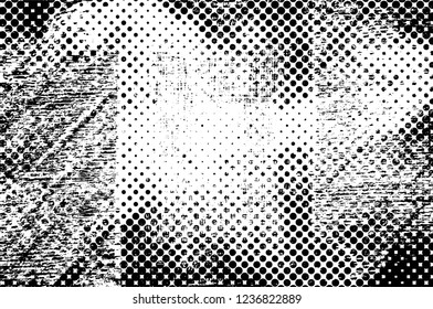 Grunge overlay layer. Abstract black and white vector background. Monochrome vintage surface with dirty pattern in cracks, spots, dots. Old wall in dark horror style design