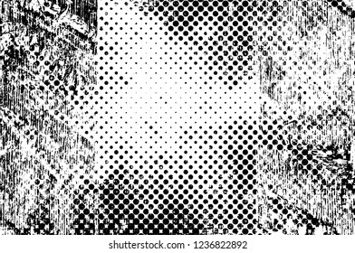 Grunge overlay layer. Abstract black and white vector background. Monochrome vintage surface with dirty pattern in cracks, spots, dots. Old wall in dark horror style design
