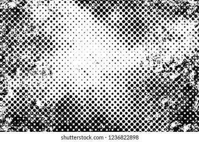 Grunge overlay layer. Abstract black and white vector background. Monochrome vintage surface with dirty pattern in cracks, spots, dots. Old wall in dark horror style design