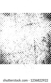 Grunge overlay layer. Abstract black and white vector background. Monochrome vintage surface with dirty pattern in cracks, spots, dots. Old wall in dark horror style design