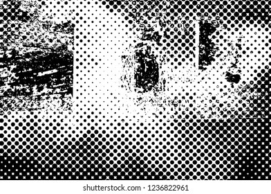 Grunge overlay layer. Abstract black and white vector background. Monochrome vintage surface with dirty pattern in cracks, spots, dots. Old wall in dark horror style design