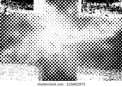 Grunge overlay layer. Abstract black and white vector background. Monochrome vintage surface with dirty pattern in cracks, spots, dots. Old wall in dark horror style design