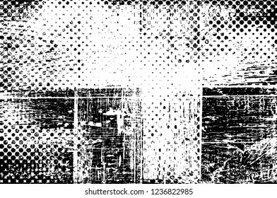 Grunge overlay layer. Abstract black and white vector background. Monochrome vintage surface with dirty pattern in cracks, spots, dots. Old wall in dark horror style design