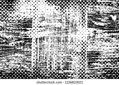 Grunge overlay layer. Abstract black and white vector background. Monochrome vintage surface with dirty pattern in cracks, spots, dots. Old wall in dark horror style design