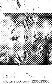 Grunge overlay layer. Abstract black and white vector background. Monochrome vintage surface with dirty pattern in cracks, spots, dots. Old wall in dark horror style design