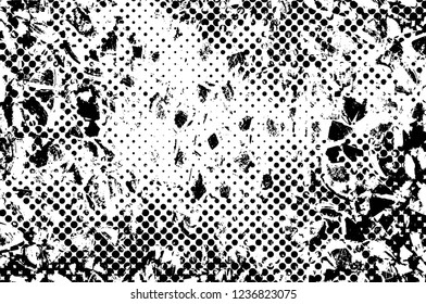Grunge overlay layer. Abstract black and white vector background. Monochrome vintage surface with dirty pattern in cracks, spots, dots. Old wall in dark horror style design