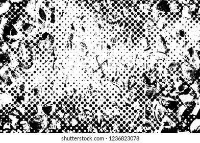 Grunge overlay layer. Abstract black and white vector background. Monochrome vintage surface with dirty pattern in cracks, spots, dots. Old wall in dark horror style design