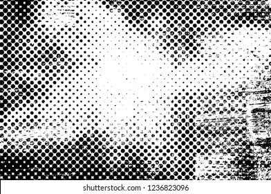 Grunge overlay layer. Abstract black and white vector background. Monochrome vintage surface with dirty pattern in cracks, spots, dots. Old wall in dark horror style design