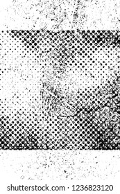 Grunge overlay layer. Abstract black and white vector background. Monochrome vintage surface with dirty pattern in cracks, spots, dots. Old wall in dark horror style design