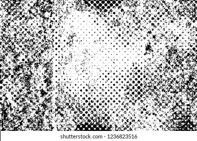 Grunge overlay layer. Abstract black and white vector background. Monochrome vintage surface with dirty pattern in cracks, spots, dots. Old wall in dark horror style design