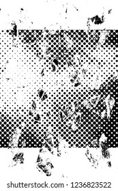 Grunge overlay layer. Abstract black and white vector background. Monochrome vintage surface with dirty pattern in cracks, spots, dots. Old wall in dark horror style design