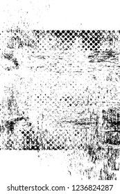 Grunge overlay layer. Abstract black and white vector background. Monochrome vintage surface with dirty pattern in cracks, spots, dots. Old wall in dark horror style design