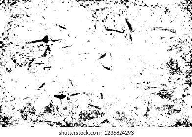 Grunge overlay layer. Abstract black and white vector background. Monochrome vintage surface with dirty pattern in cracks, spots, dots. Old wall in dark horror style design