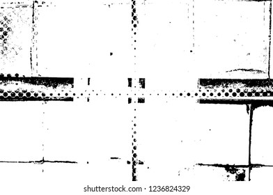 Grunge overlay layer. Abstract black and white vector background. Monochrome vintage surface with dirty pattern in cracks, spots, dots. Old wall in dark horror style design